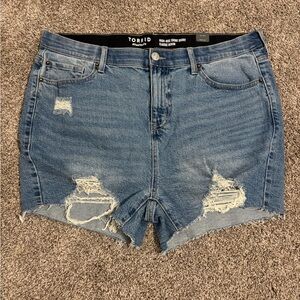 torrid Distressed High-Rise Denim Shorts in Medium Blue